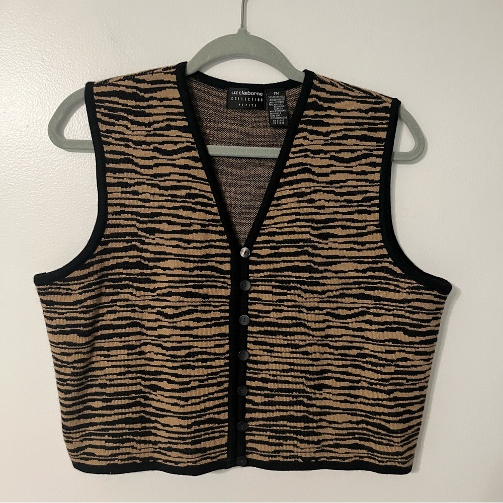 Vintage Liz Claiborne Animal Print Cropped Wool Blend Sweater Vest Petite Medium